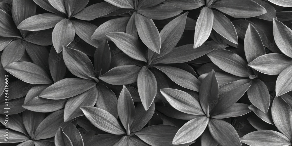 Poster close up grayscale photograph of numerous leaves densely arranged, exhibiting a textured surface and