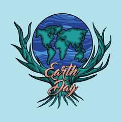 Earth Day with Globe, Wave and Tree Vector Vintage Abstract Artistic Style