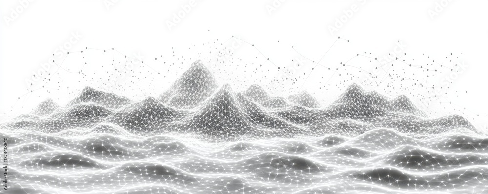 Poster abstract grayscale landscape of pixelated mountains and waves. the image features a textured, digita