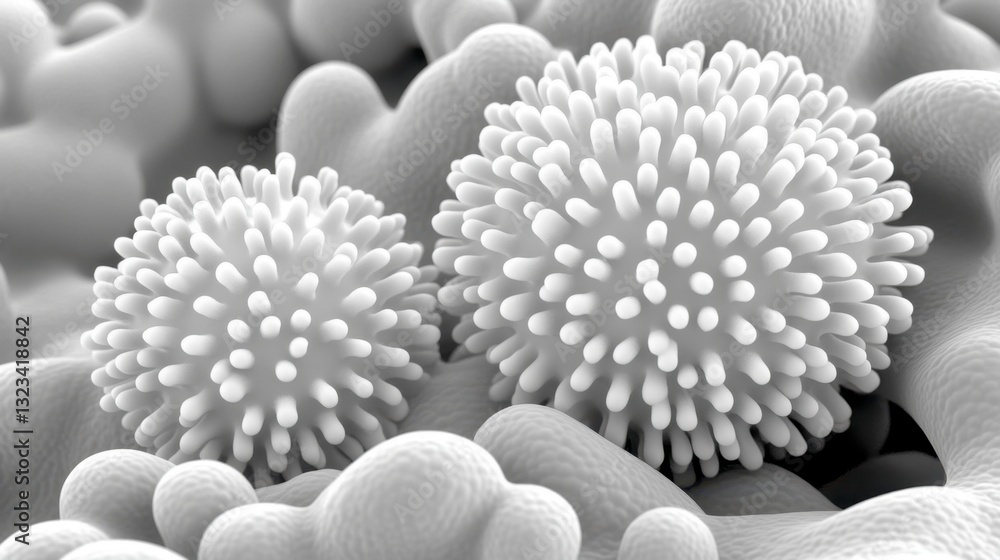 Poster microscopic grayscale image showing two spiky spherical structures on a textured surface. detailed v