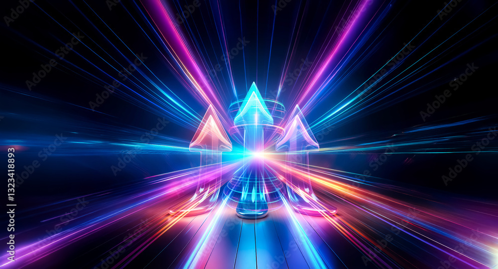 Poster bright neon light trails converge centrally, creating a dynamic and futuristic effect with vibrant p