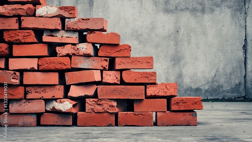 Poster piled red bricks in a rustic arrangement on the left against a textured gray cement wall background 