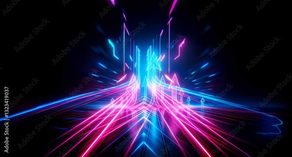 Poster vibrant pink and blue neon lights converge in a perspective view, creating an abstract tunnel effect