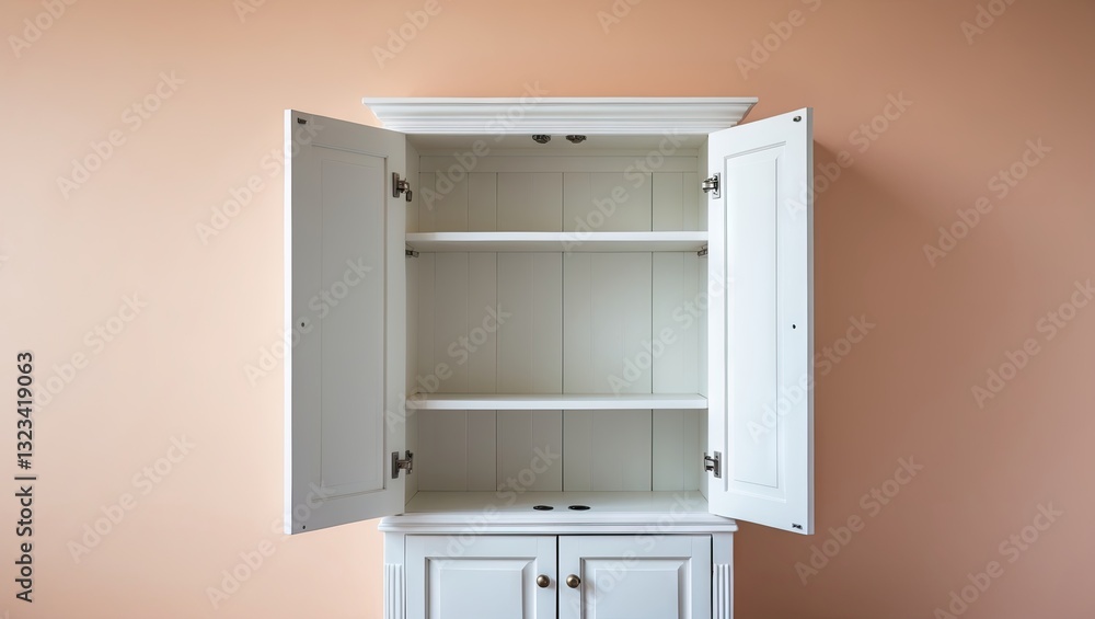 Poster open white cabinet with two doors on a soft peach background, featuring three empty shelves and ampl