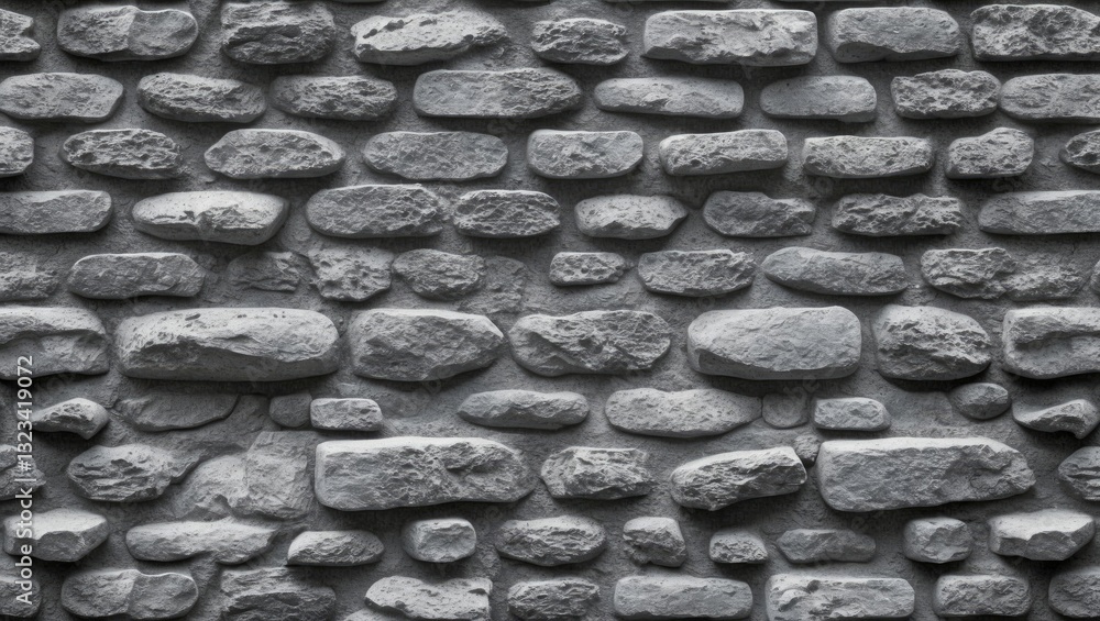 Poster seamless texture of gray stone wall with irregular shaped concrete rocks arranged in a horizontal la