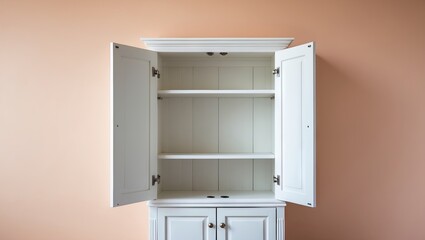 Open white cabinet with two doors on a soft peach background, featuring three empty shelves and ample space for text or design elements.