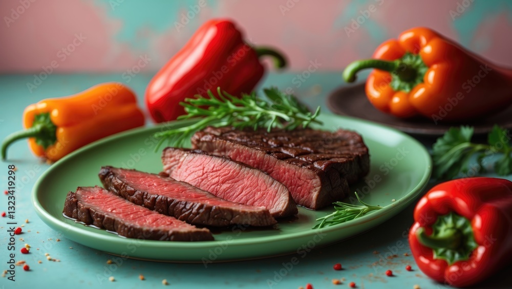 Aufkleber sliced red beef on a green plate surrounded by vibrant yellow and red peppers with a soft pastel bac