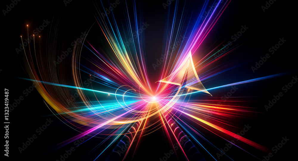 Poster colorful light streaks burst from a central point against a dark backdrop, creating an abstract, dyn