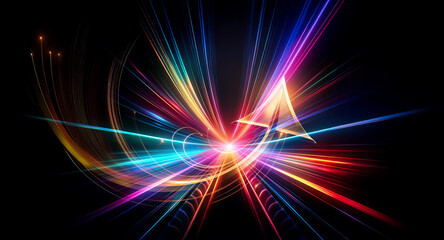 Colorful light streaks burst from a central point against a dark backdrop, creating an abstract, dynamic visual effect with vibrant beams and radiating lines.
