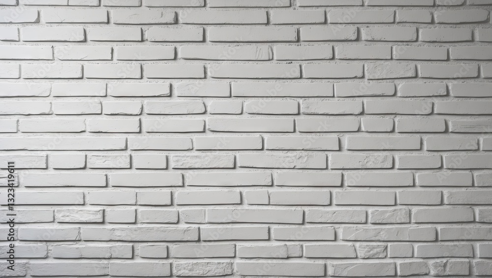 Poster white brick wall texture with subtle shadowing, horizontal alignment, smooth surface, ideal for back
