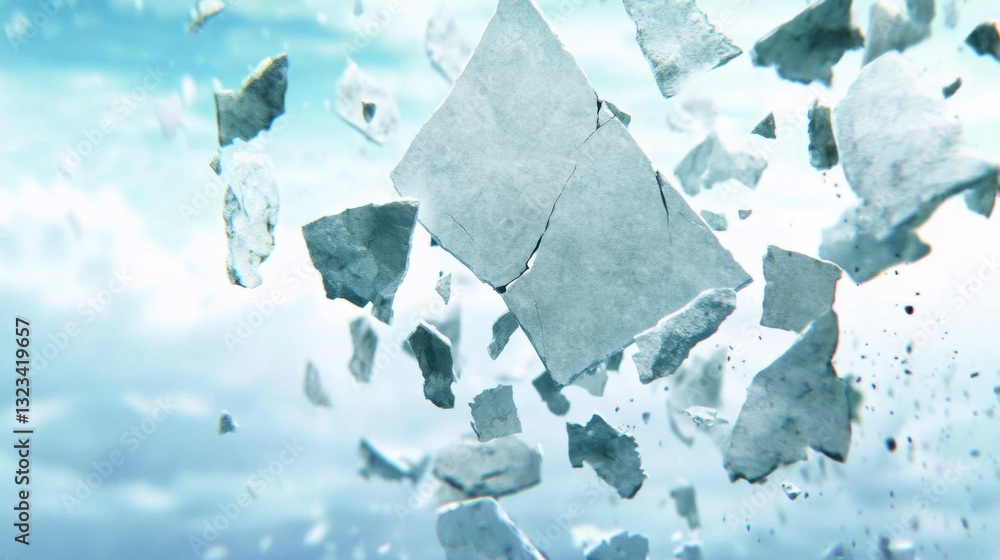 Poster abstract image of numerous grey fragments suspended in a light blue sky, creating a sense of motion 