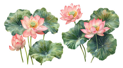 Set of Pink Lotus Flowers and Green Leaves Watercolor Clipart in white & transparent