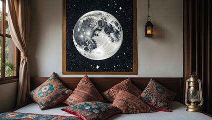 Cozy bedroom with colorful pillows on a wooden floor, moon poster on the wall, and a lantern beside a wooden bed, creating a warm ambiance.