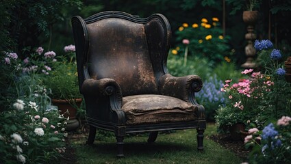 Vintage dark wooden wingback chair in a dimly lit garden surrounded by colorful blooming flowers creating a nostalgic serene atmosphere.