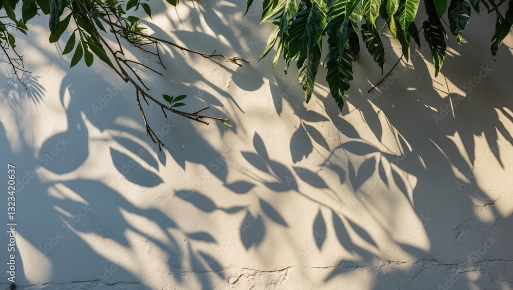 Poster shadows of green foliage cast on a beige wall creating intricate patterns with varying shades of gre