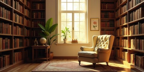 Fototapeta premium Serene Study Sunlight Illuminates a Cozy Reading Nook Filled with Classic Literature, Antique Furnishings, and a Peaceful Atmosphere