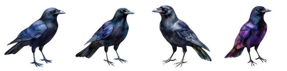 Fototapeta premium Elegant and Iridescent Crow Perched on a Branch Observing Silently with Piercing Eyes This majestic corvid with its deep blue and purple plumage stands out against the natural backdrop