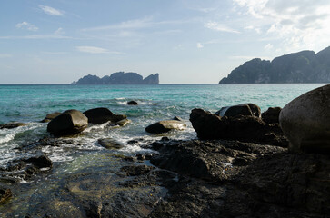 Rocks on the beach at Phi Phi island, Thailand. Tropical beach Phuket - Krabi.