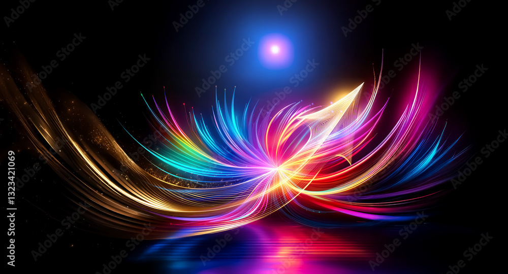 Poster abstract image features vibrant, flowing light streaks in multiple colors against a dark backdrop, w