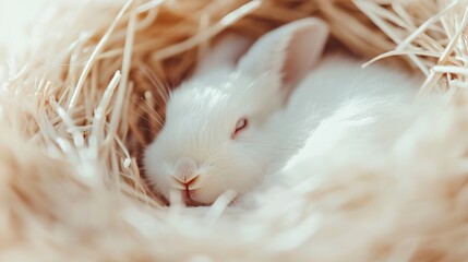 Cute small rabbit resting, fluffy white fur snuggled in soft bedding, perfect for themes of comfort and tranquility.