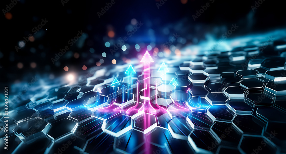Poster futuristic scene with pink and blue arrows rising on hexagonal tiles, creating a dynamic and technol