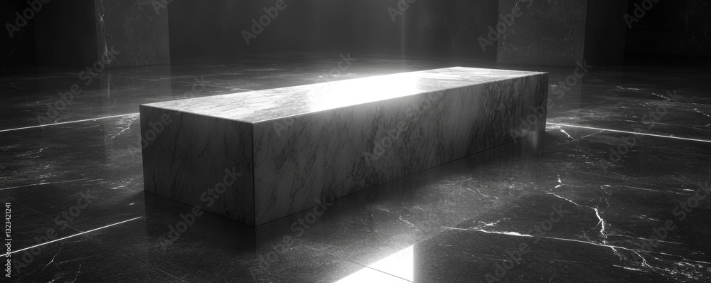 Poster monochromatic image of a rectangular block resting on a reflective surface, illuminated from above, 