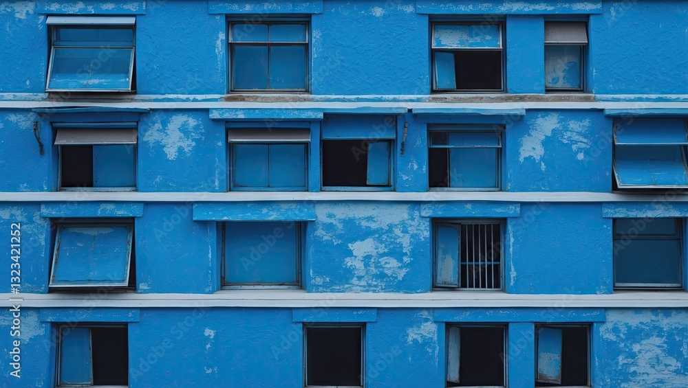 Poster blue building facade with multiple windows in a grid pattern featuring varying open and closed posit