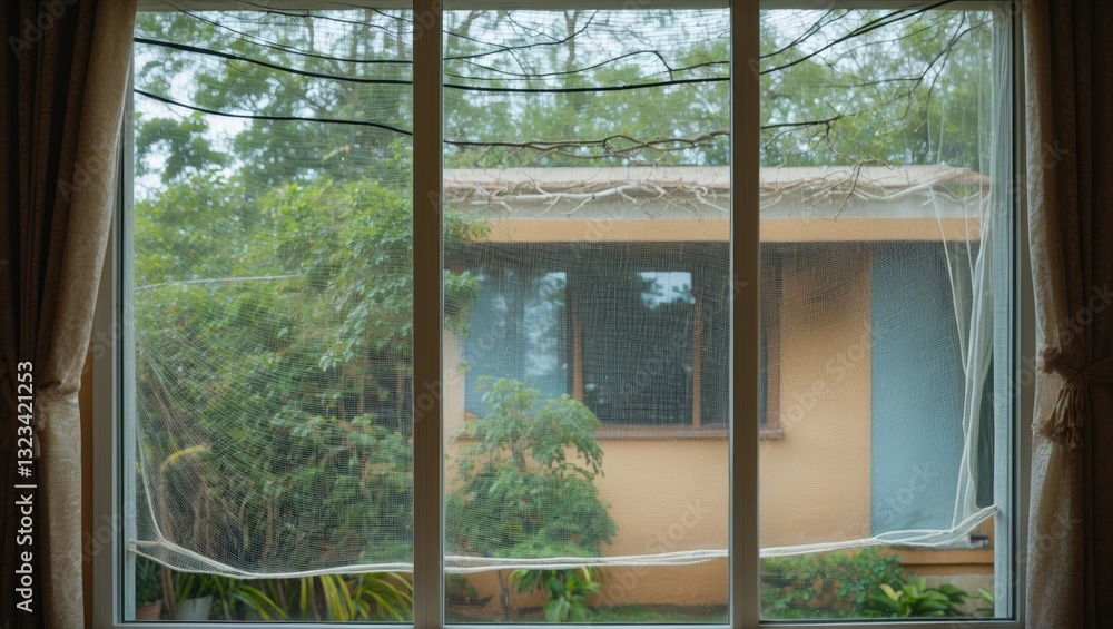 Poster window view featuring a translucent mosquito net screen in a house with natural greenery visible out