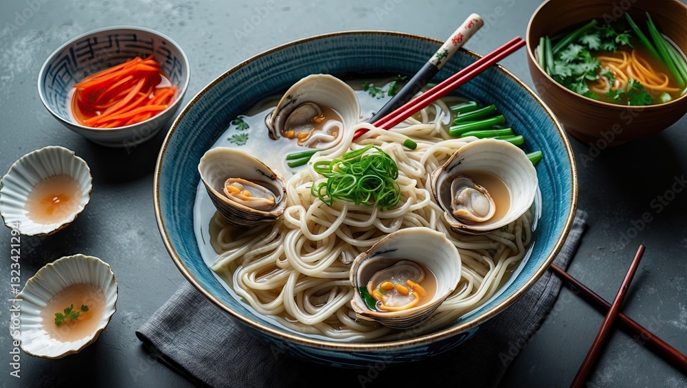 Poster noodle soup with clams in a large blue bowl surrounded by side dishes and chopsticks on a dark surfa