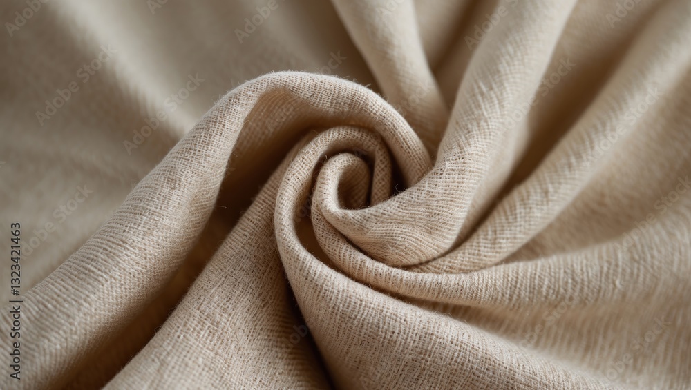 Poster soft beige fabric macro texture with smooth swirling folds in a neutral studio setting highlighting 