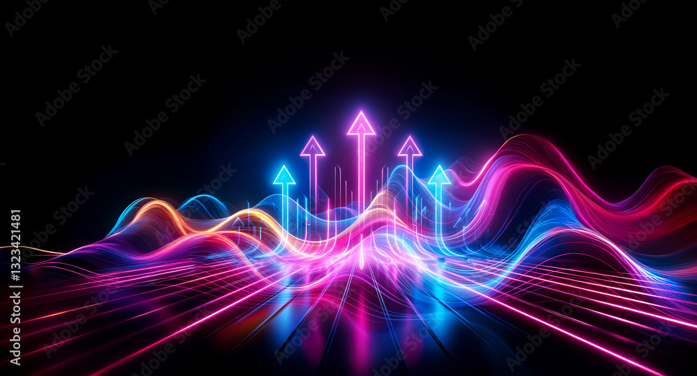 Poster vibrant neon arrows point upward from wavy lines against a dark backdrop, creating an abstract and f