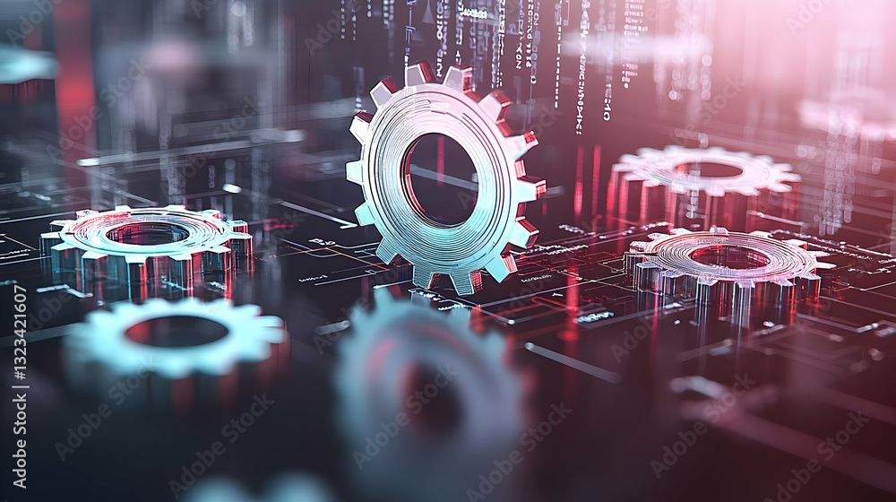Poster metallic gears on electronic circuit board displaying digital technology and systems