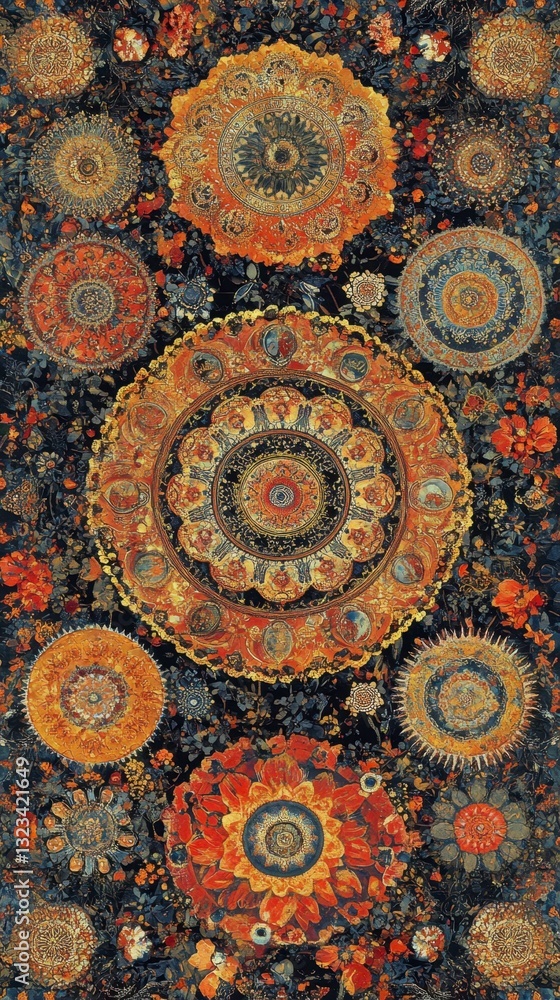 Poster intricate textile design with repeating circular patterns in warm, earthy tones on a dark background