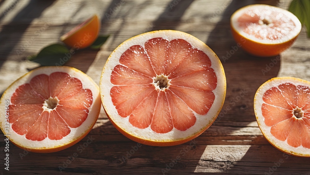 Poster freshly sliced grapefruit halves with vibrant pink flesh arranged on a rustic wooden surface, sunlig