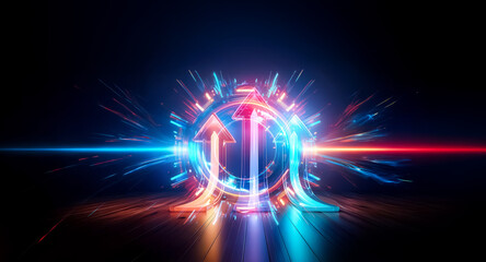 A vibrant, illuminated circle with dual arrows pointing upwards, featuring blue and red light streaks on a dark background.