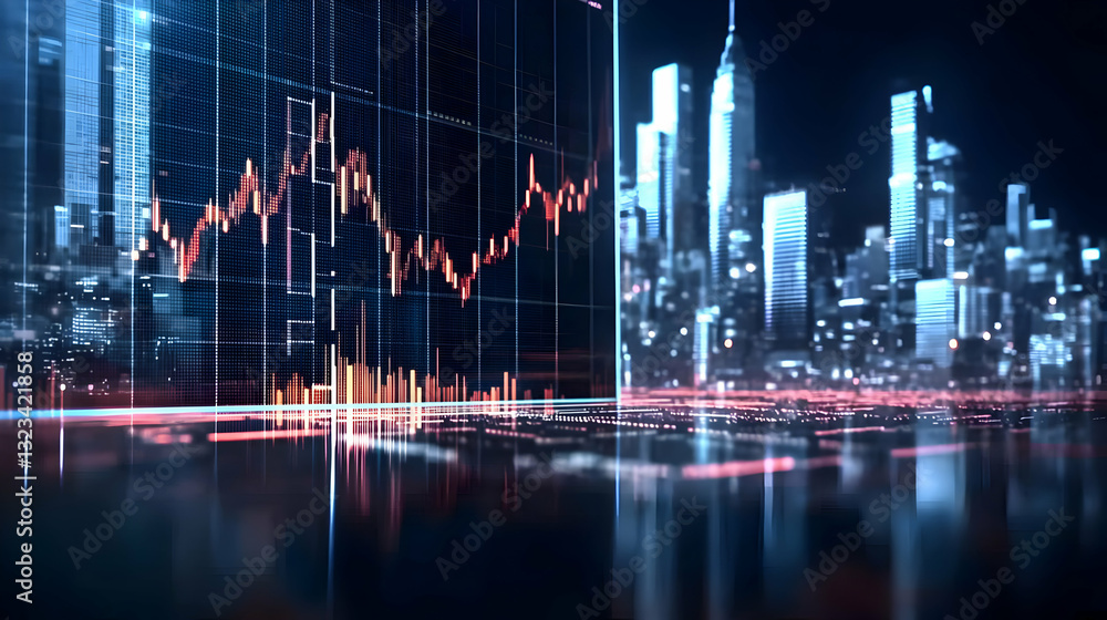 Aufkleber illuminated cityscape at night with chart overlay and data lines reflecting on surface in futuristic