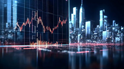 Naklejka premium Illuminated Cityscape At Night With Chart Overlay And Data Lines Reflecting On Surface In Futuristic Style