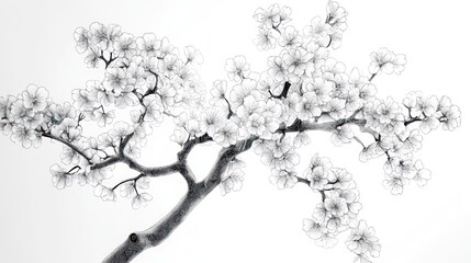 Blooming cherry branch, spring, garden, white background, nature design