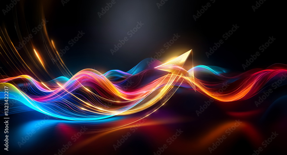 Poster abstract glowing lines of vibrant colors flow and curve against a dark backdrop, creating a dynamic 