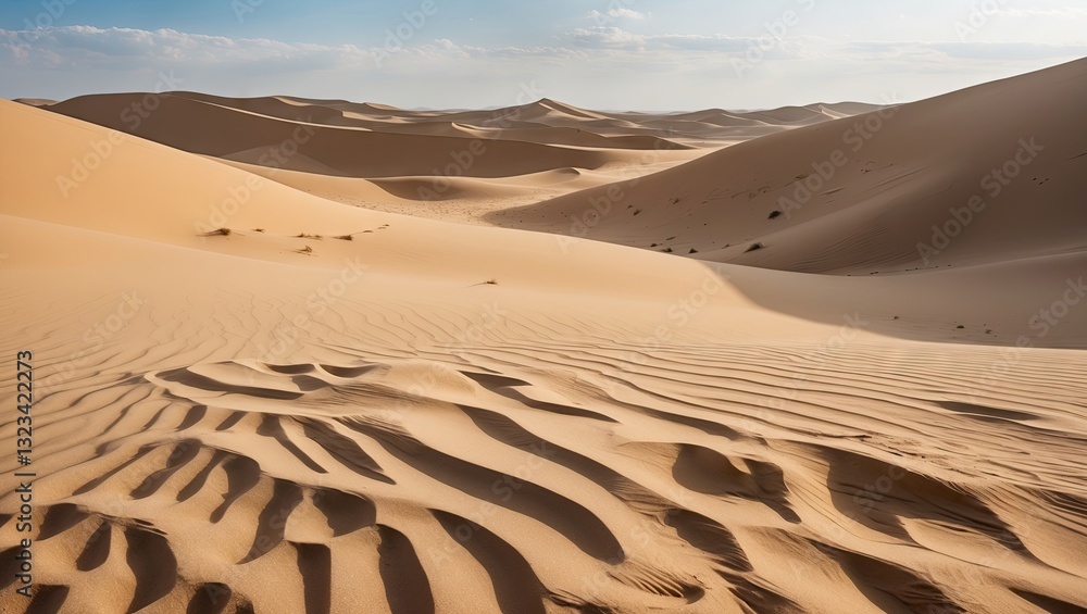 Aufkleber golden sand dunes stretch across the horizon under a blue sky with soft clouds, featuring empty spac