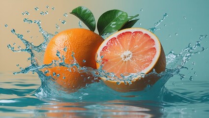 Juicy orange and pink grapefruit splash in vivid water droplets against a soft pastel background highlighting bright orange and green hues.