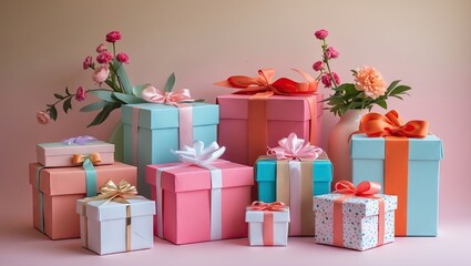 Colorful assortment of gift boxes in pastel shades arranged on a soft gradient background with pink flowers on the left and right sides.
