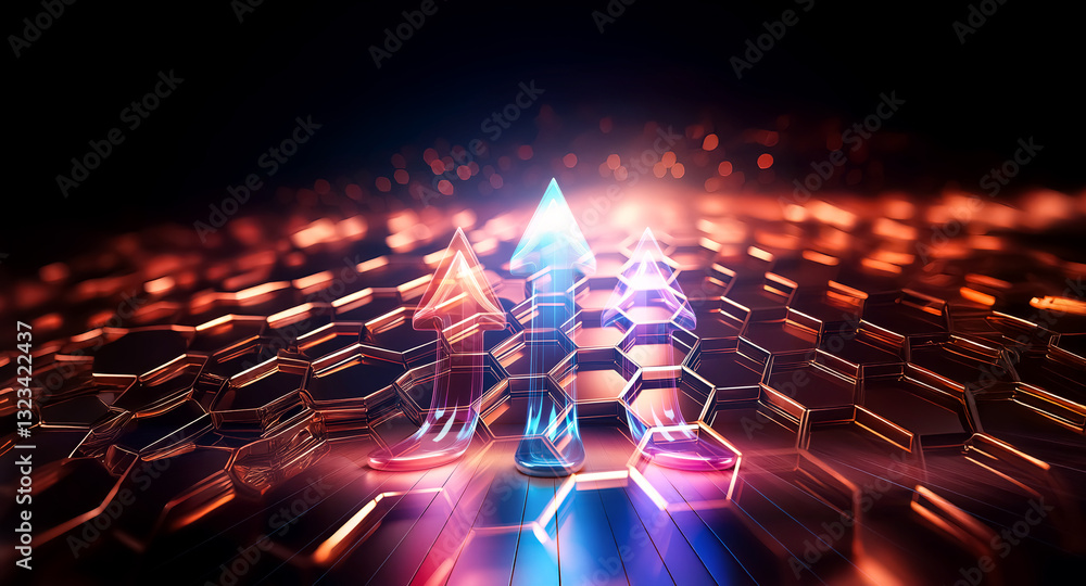 Poster glowing arrow points upward on a hexagonal surface. bright colors illuminate the path against a dark