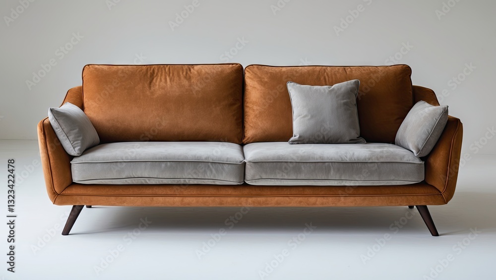 Poster modern suede couch in warm brown and gray with plush cushions centered against a clean white backdro