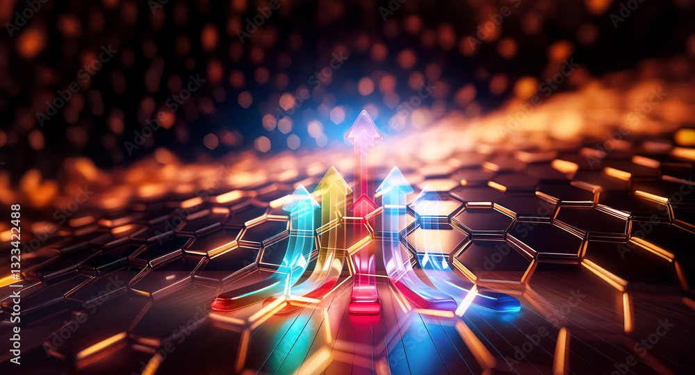 Poster glowing arrows ascend on a hexagonal surface. vibrant blue, yellow, and red hues illuminate the path