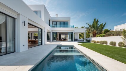 Modern white villa with spacious backyard and swimming pool under a clear blue sky, featuring ample copyspace for text or design insertion.