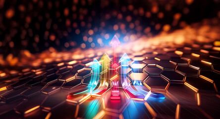 Fototapeta premium Glowing arrows ascend on a hexagonal surface. Vibrant blue, yellow, and red hues illuminate the path forward, against a bokeh background.