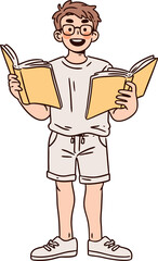 Young Boy Reading Two Books Illustrating Curiosity and Enthusiasm