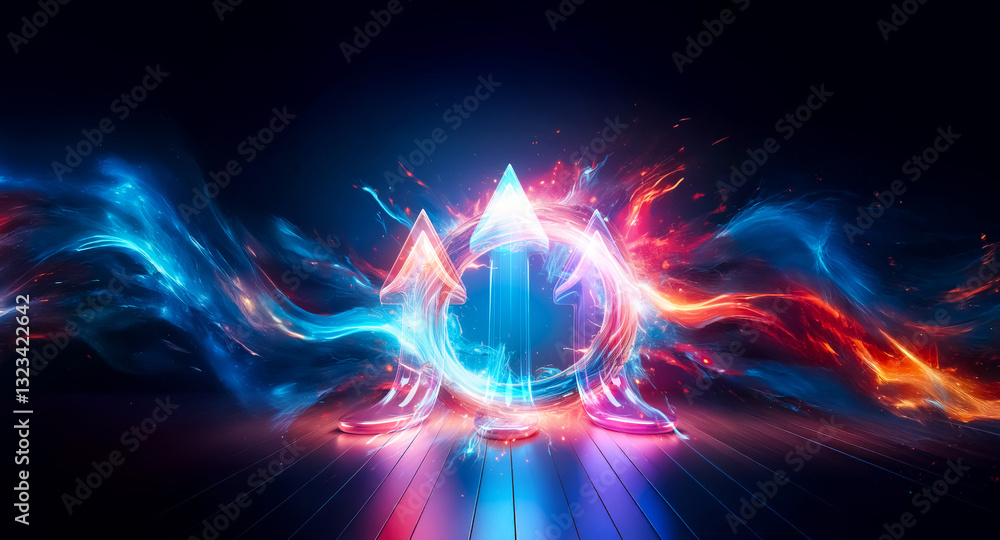 Poster a radiant circle of light with upward-pointing arrow shapes is enveloped by dynamic blue and red ene