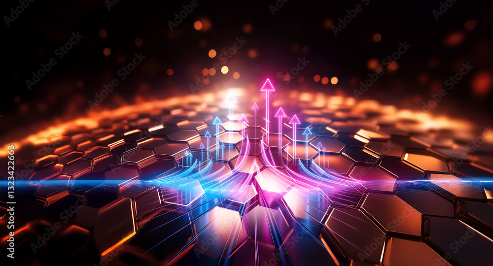 Poster abstract perspective view of glowing arrows rising from a hexagonal surface, illuminated by orange a